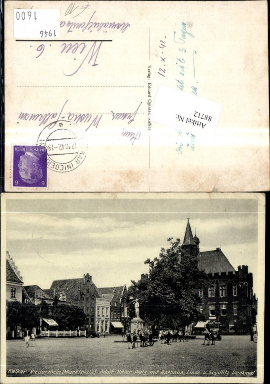 88712,Kalkar Niederrhein Marktplatz m. Rathaus Denkmal u. Personen 1942