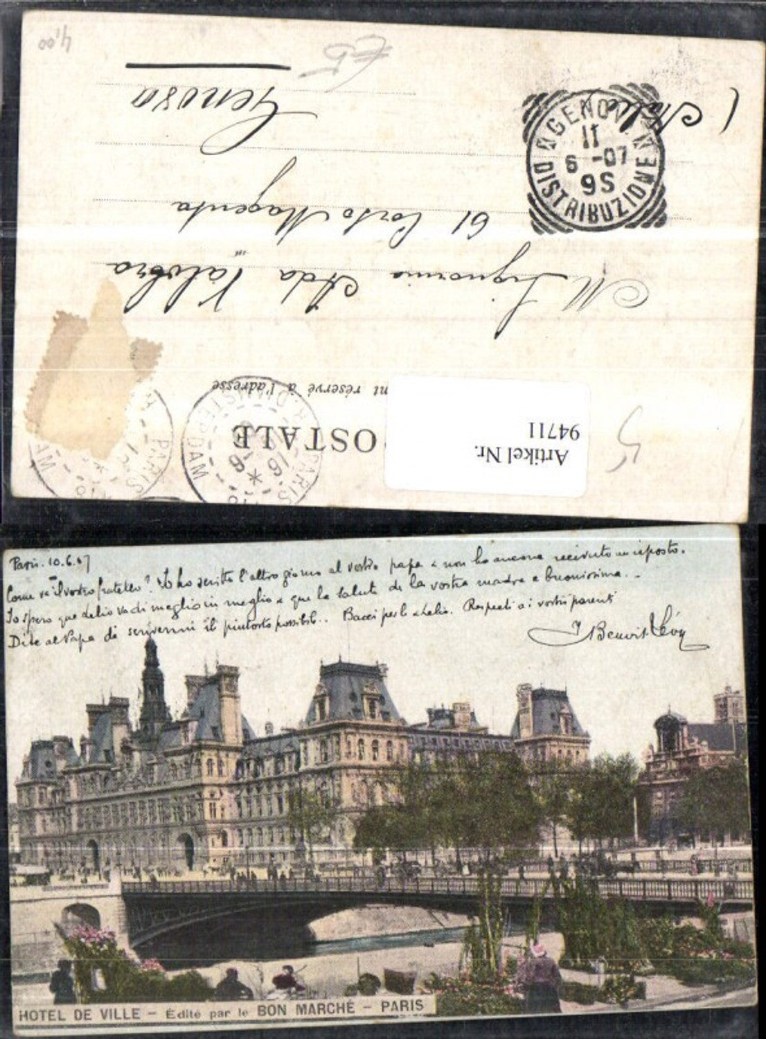 94711,Paris Hotel de Ville Ansicht m. Brücke 1907