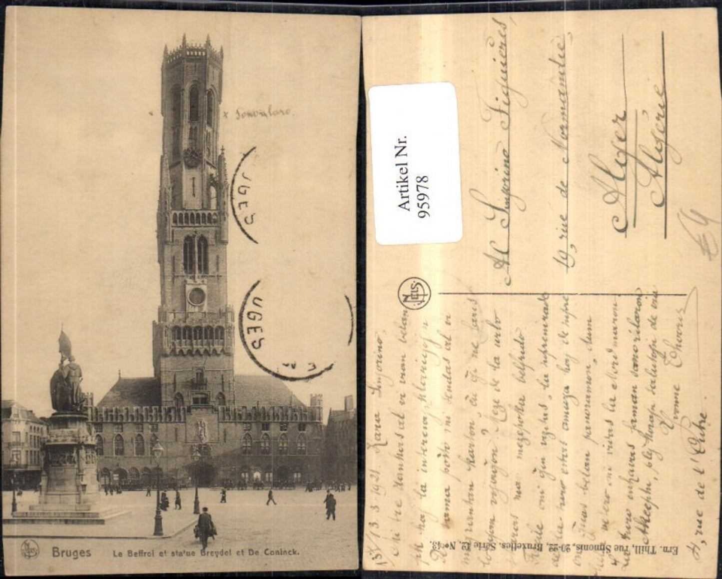 95978,Bruges Le Beffroi et statue Breydel et De Coninck Platzansicht 1921