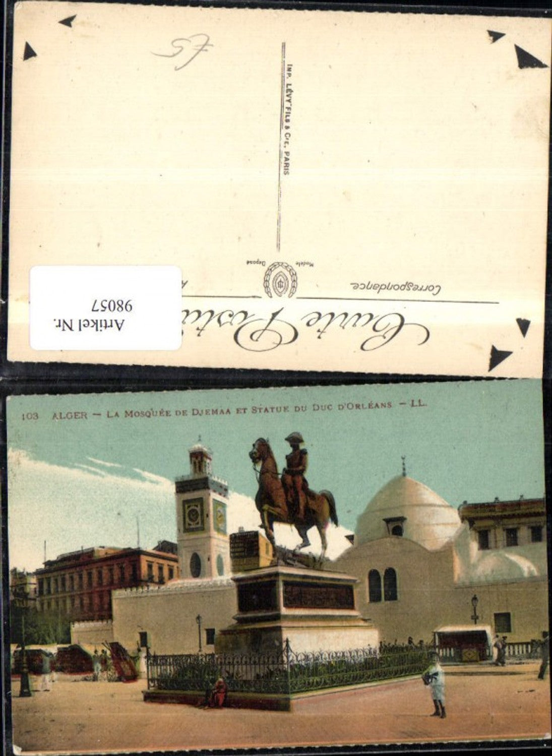 98057,Alger Algier La Musquee de Djemaa et Statue du Duc d�Orleans Moschee Reiterdenkmal