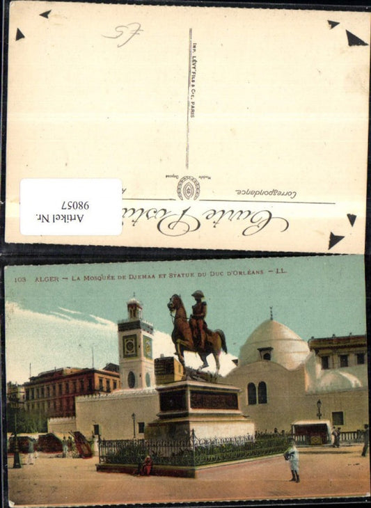 98057,Alger Algier La Musquee de Djemaa et Statue du Duc d�Orleans Moschee Reiterdenkmal