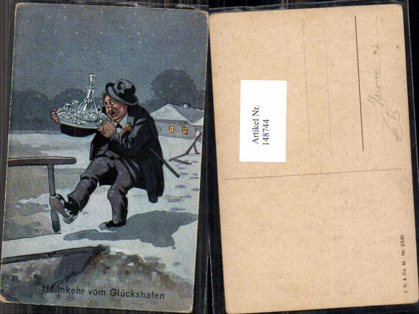 148744,Scherzkarte Humor Juxkarte Mann betrunken m. Schnaps heimkehr