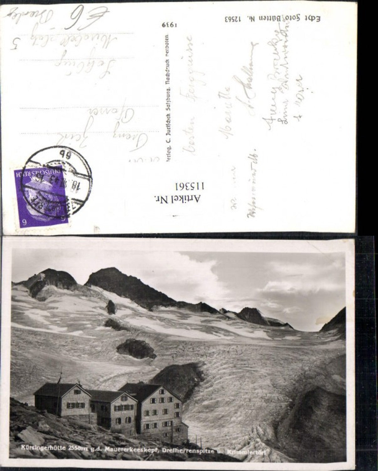 115361,Kürsingerhütte Mauererkeeskopf Dreiherrenspitze u. Krimmlertörl Bramberg 1943 Neukirchen