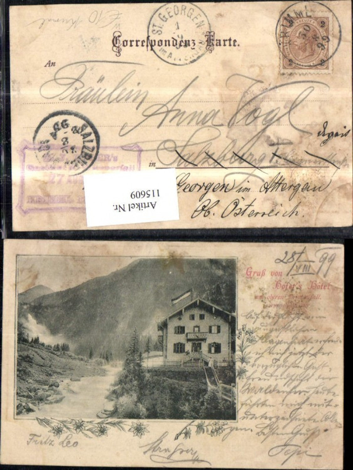 115609,Krimml Gruß von Hofers Hotel a. Oberern Krimmlfall 1899 Wasserfall
