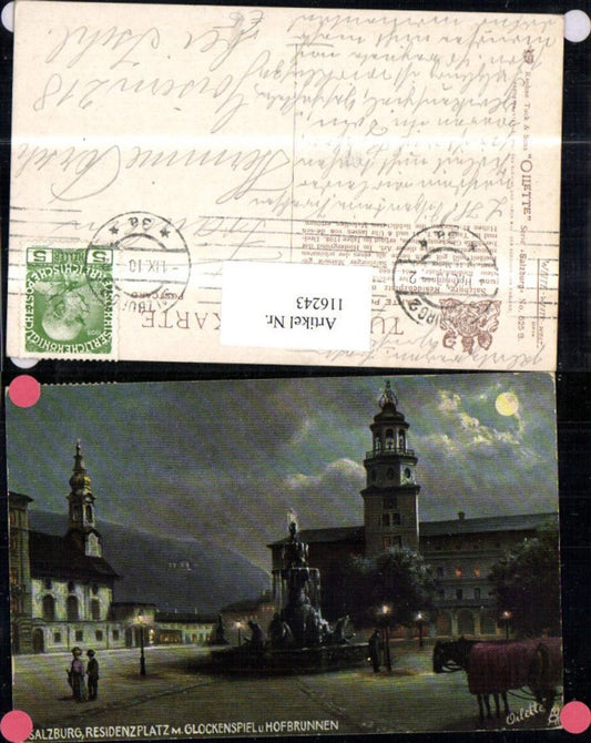 116243,Salzburg Residenzplatz m. Glockenspiel u. Hofbrunnen Nachtansicht 1910 sign R Tuck Oilette
