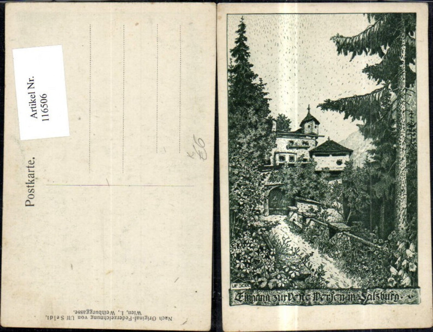 116506, Salzburg, pencil drawing, entrance to Werfen Fortress, signed Seidl