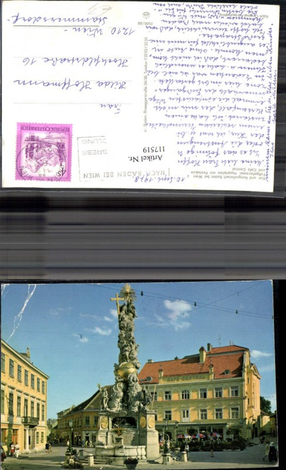 117519,Baden b. Wien Hauptplatz Fussgeherzone m. Pestsäule u. Cafe Central 1978