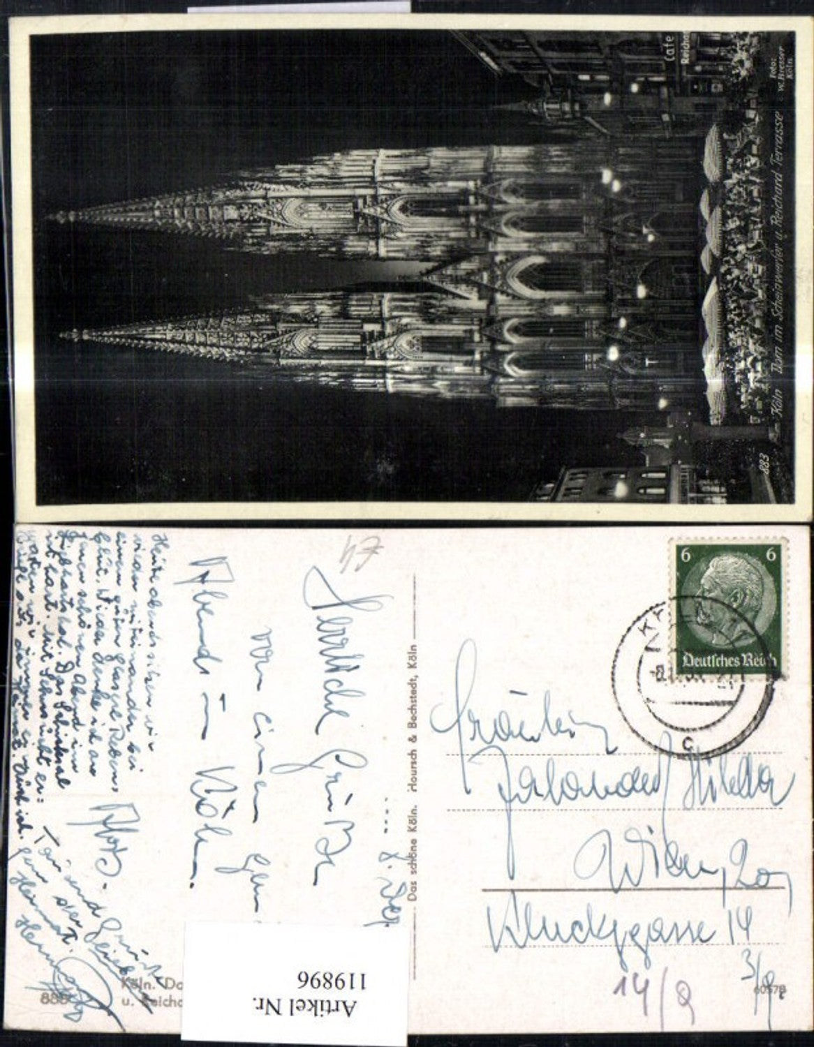 119896,Köln Dom im Scheinwerfer u. Reichard Terrasse 1939