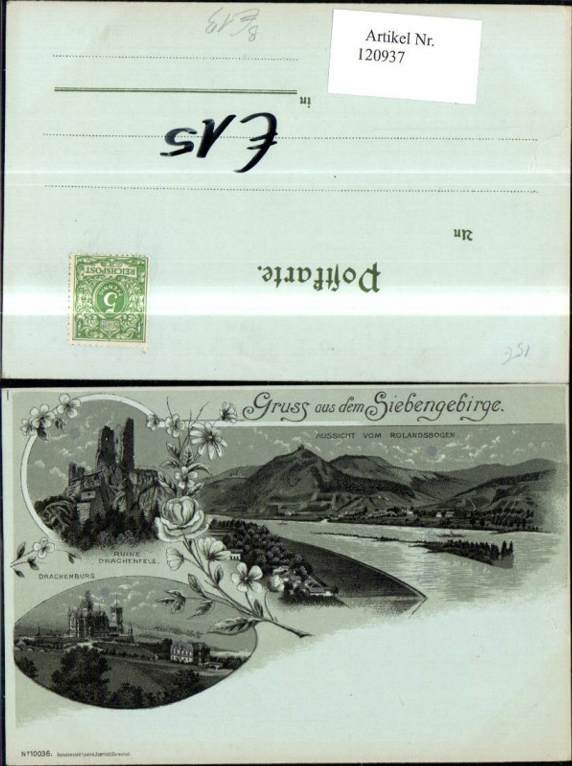 120937,Litho Gruß aus d. Siebengebirge Aussicht Rolandsbogen Drachenburg