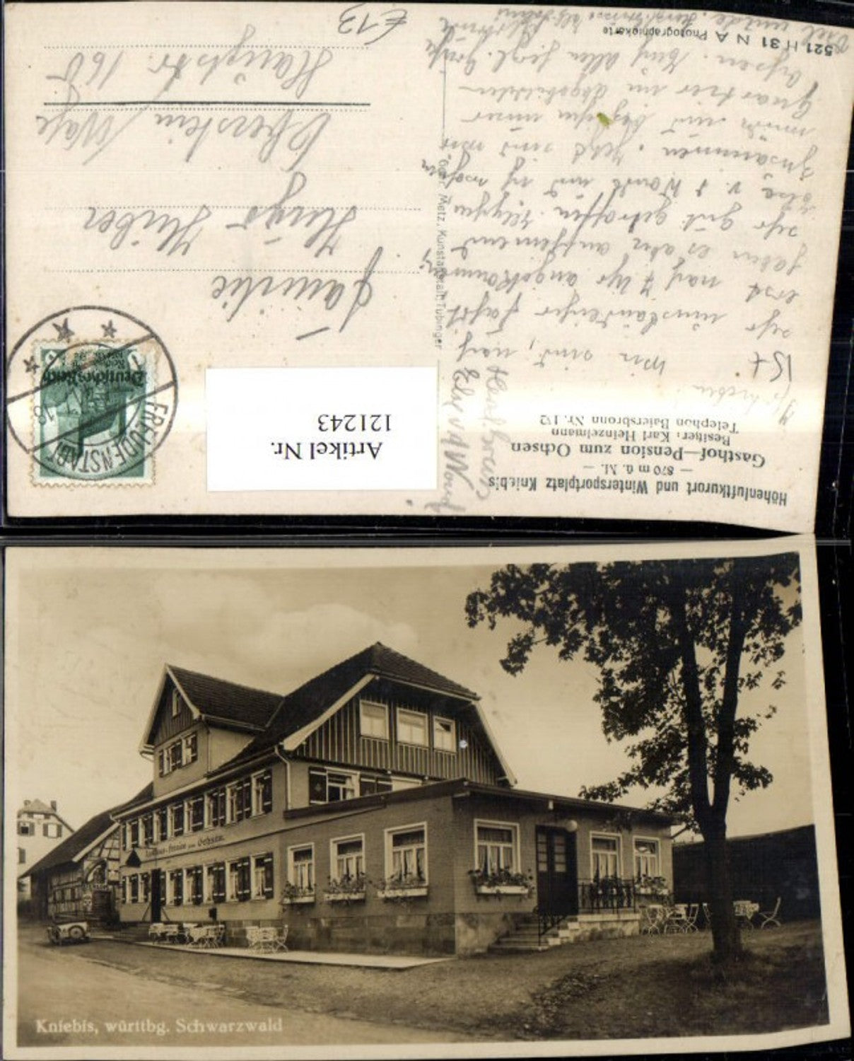 121243, Kniebis Württemberg Black Forest View of the Gasthaus und Pension zum Ochsen (Inn and Guesthouse "Zum Ochsen") owned by Karl Heinzelmann, 1941
