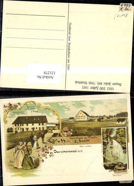 121278, Greetings from Obersimonswald Post St. Peter Baden Gasthaus zur Platte L. Saum Litho Reproduction