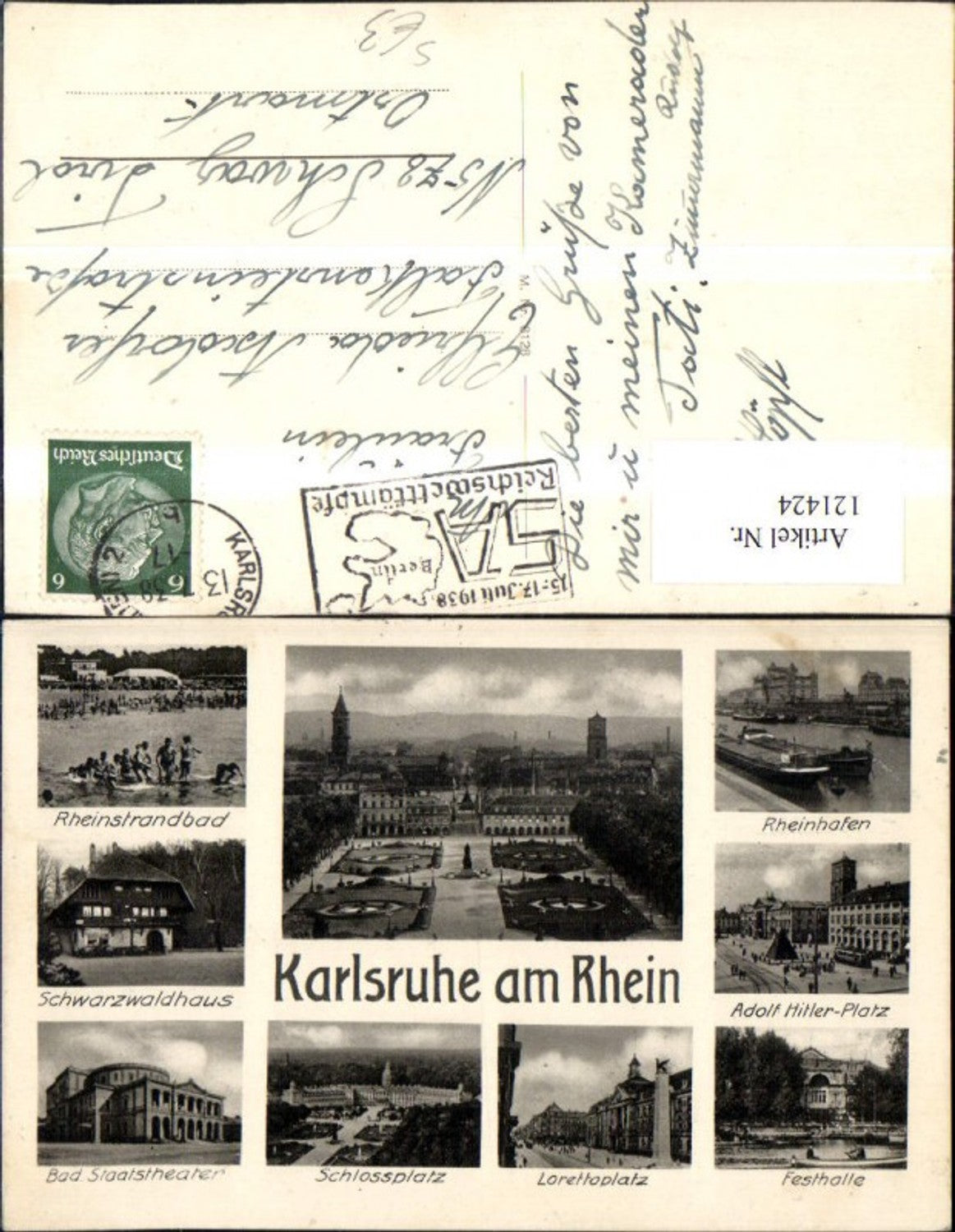 121424,Karlsruhe a. Rhein MehrbildAk Schlossplatz Festhalle 1938 Stempel Reichswettkämpfe 1938