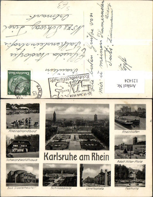 121424, Karlsruhe on the Rhine, multi-image postcard, Schlossplatz, Festhalle, 1938, stamp: Reichswettkämpfe 1938