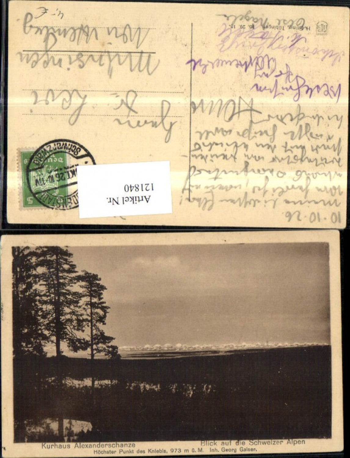 121840,Kurhaus Alexanderschanze Blick Schweizer Alpen Kniebis Inh. Georg Gaiser 1926