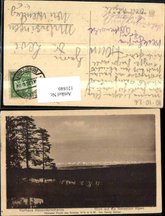 121840, Kurhaus Alexanderschanze, view of the Swiss Alps, Kniebis, owner Georg Gaiser, 1926
