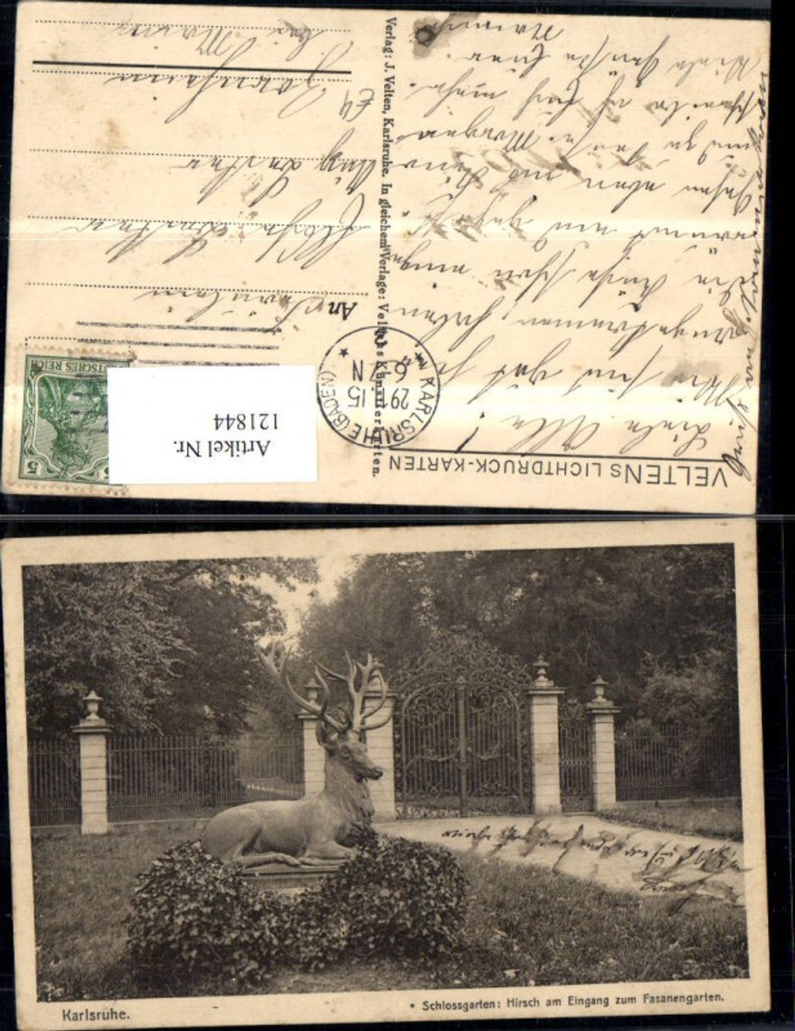 121844,Karlsruhe Schlossgarten Hirsch a. Eingang z. Fasanengarten 1915