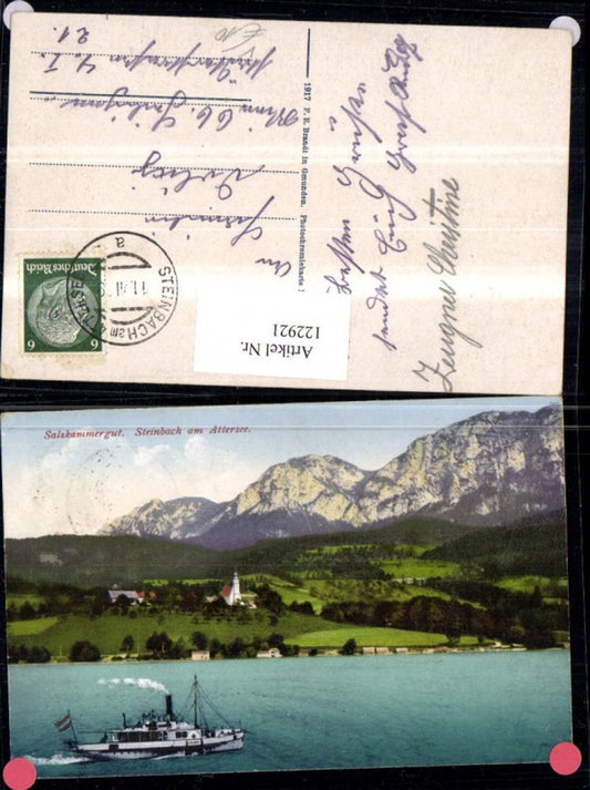 122921,Salzkammergut Steinbach a. Attersee Ansicht Schiff Dampfer 1939 pub Brandt 516