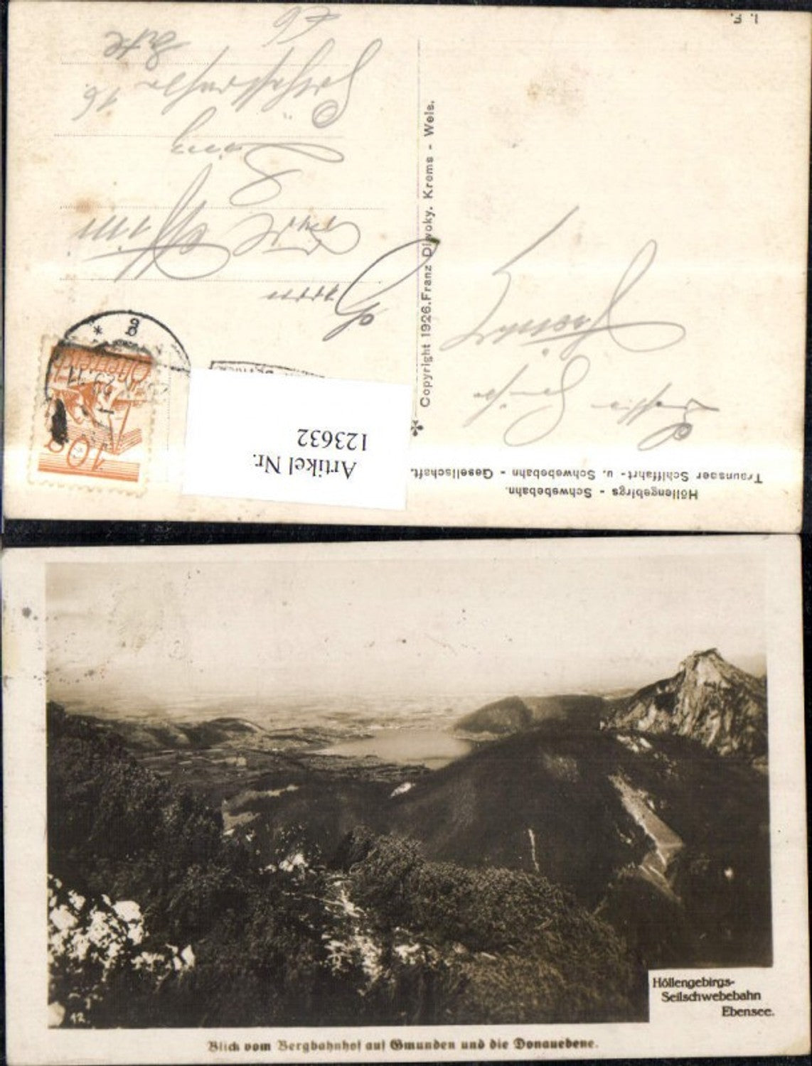 123632,Blick v. Bergbahnhof auf Gmunden u. Donauebene Feuerkogel Ebensee Seilschwebebahn