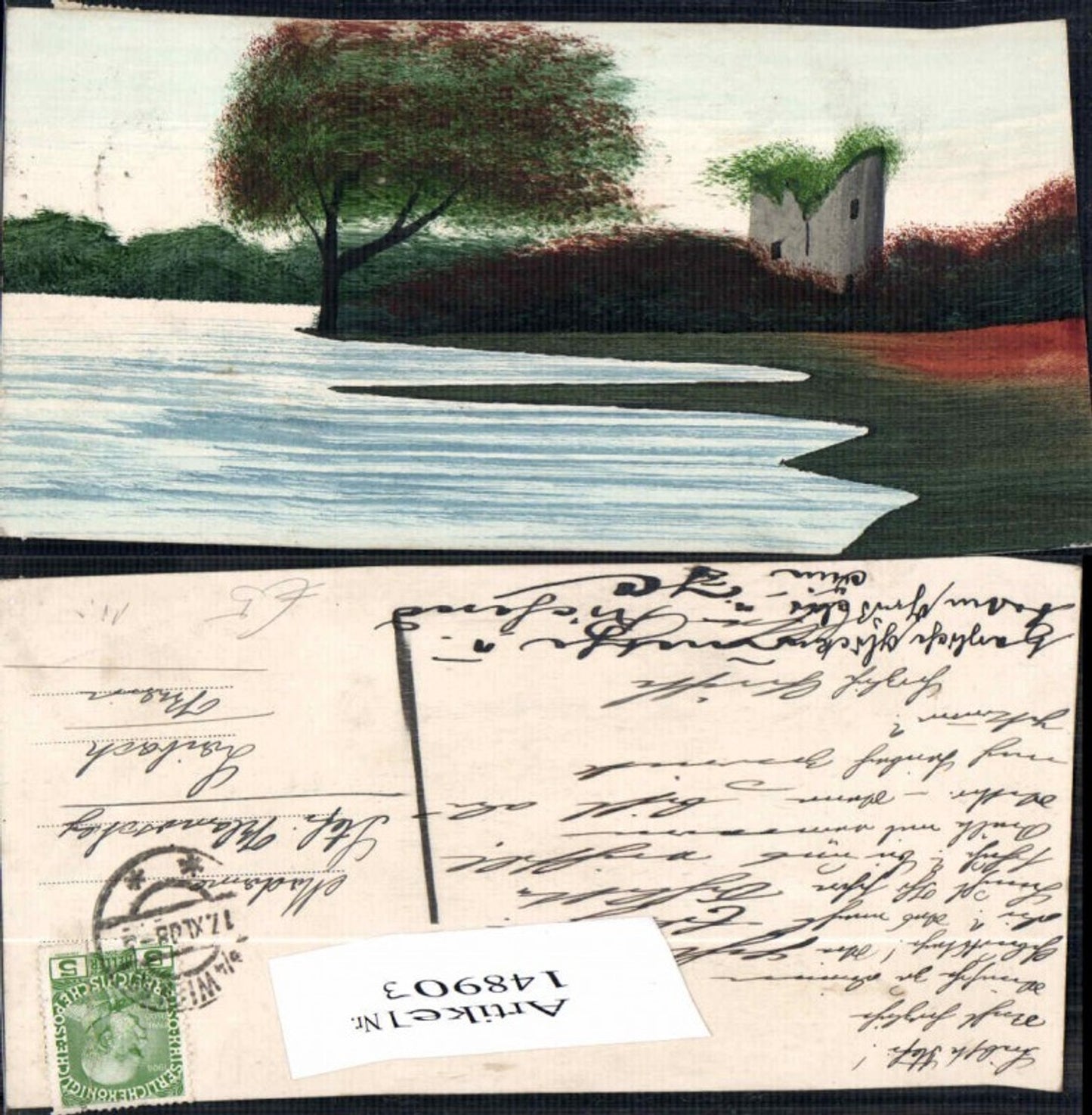 148903,handgemalte Künstlerkarte Landschaft Ufer Wasser Baum Burg
