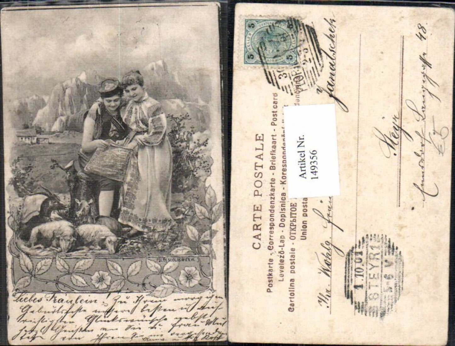 149356,Jugendstil Art Nouveau Skolic Schafe Tracht