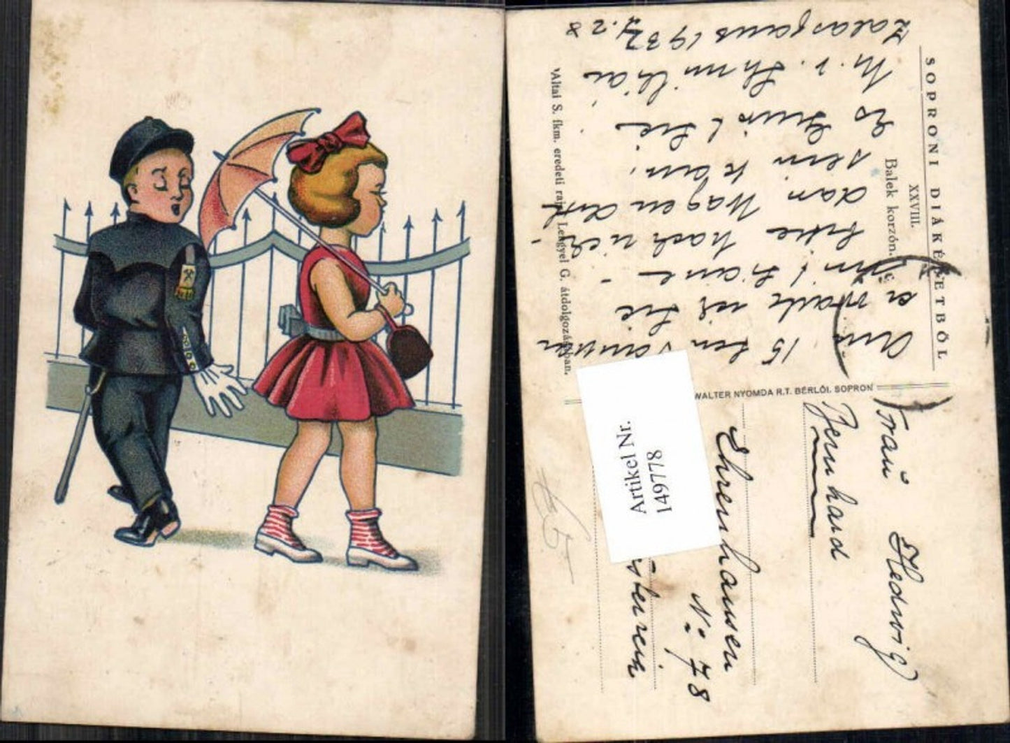 149778,Juxkarte Kindersoldat Kind in Uniform schaut Mädchen  hinterher Schirm