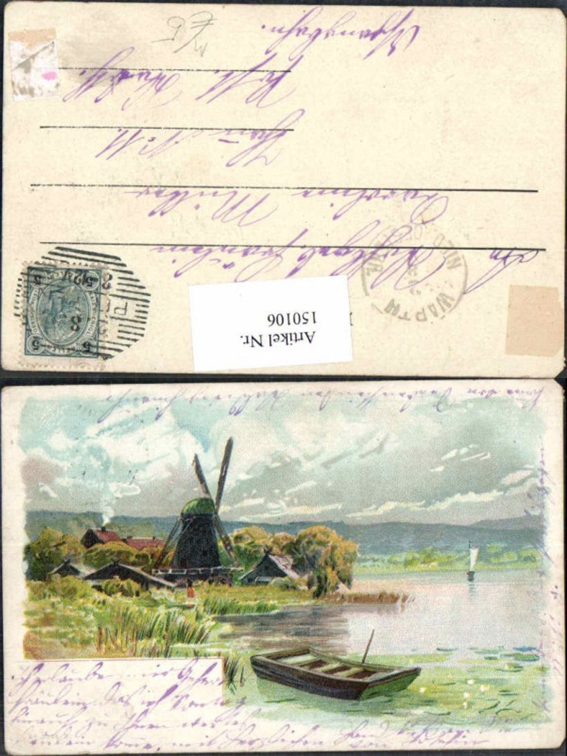 150106,Windmühle Windrad Mühle Litho Boot Dorf