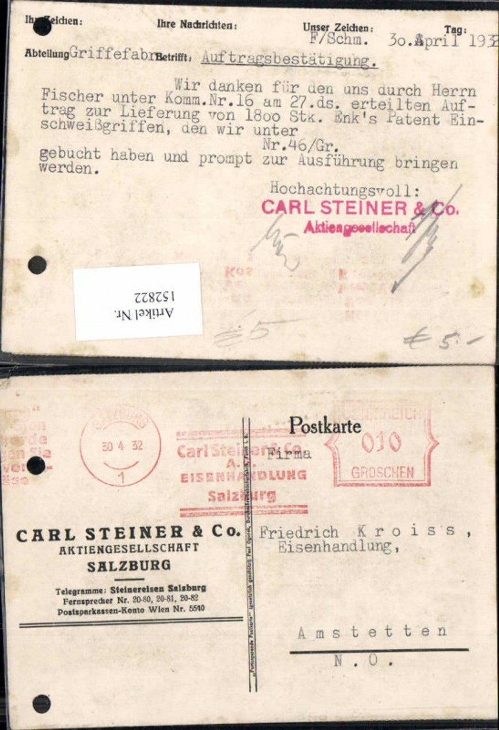 152822,Geschäftspostkarte nach Amstetten Eisenhandlung Kroiss