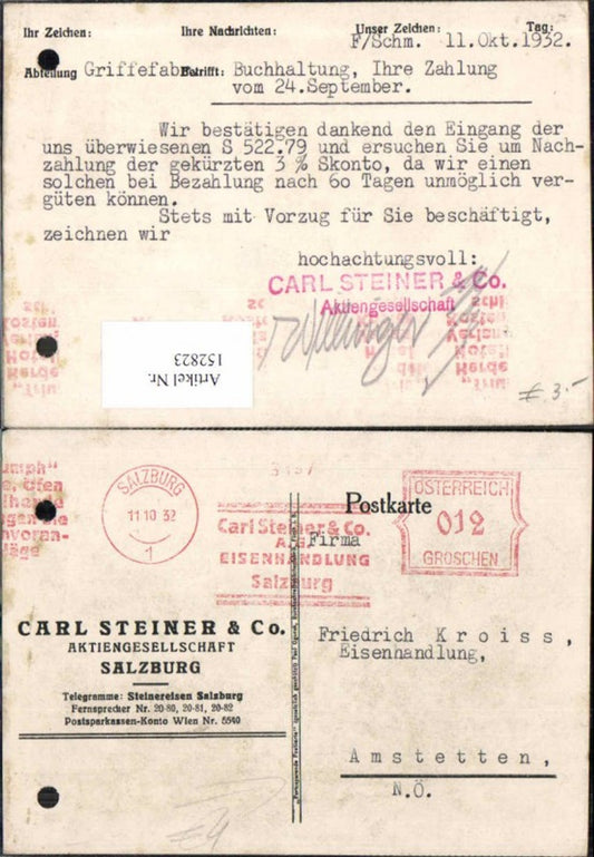 152823,Geschäftspostkarte nach Amstetten Eisenhandlung Kroiss