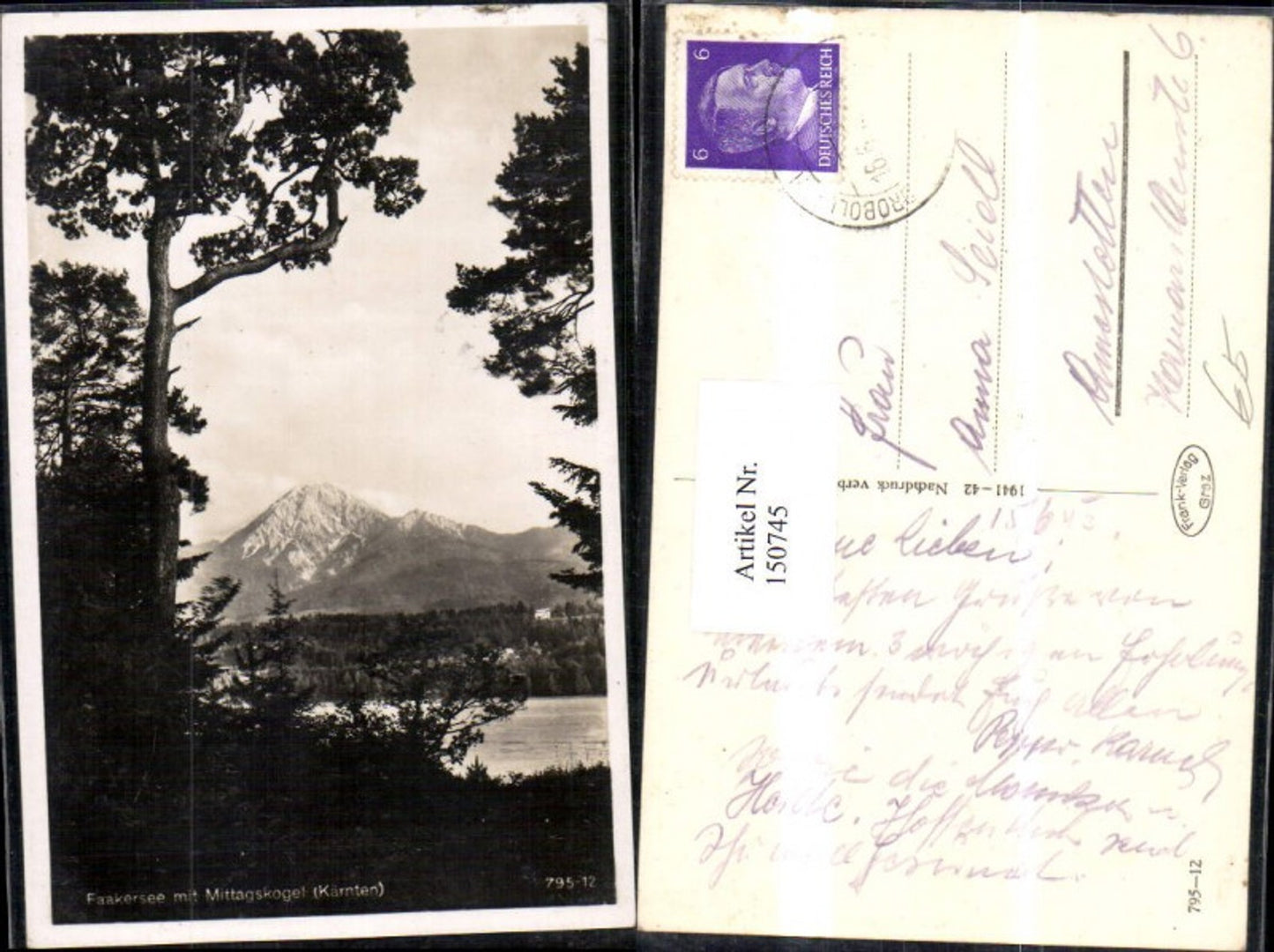 150745,Faakersee m. Mittagskogel Ansicht m. Wald 1943