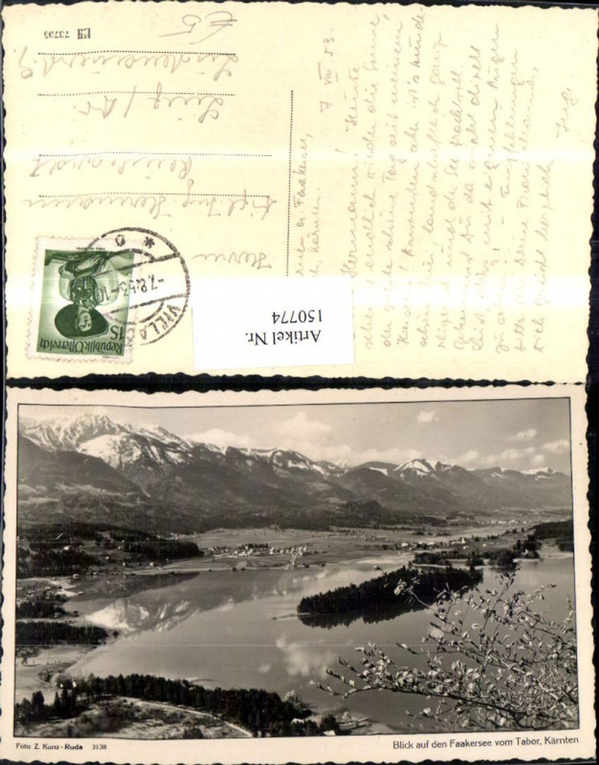 150774,Blick v. Faakersee v. Tabor Ansicht m. Blütenzweig 1953