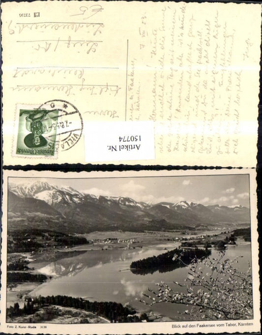 150774,Blick v. Faakersee v. Tabor Ansicht m. Blütenzweig 1953