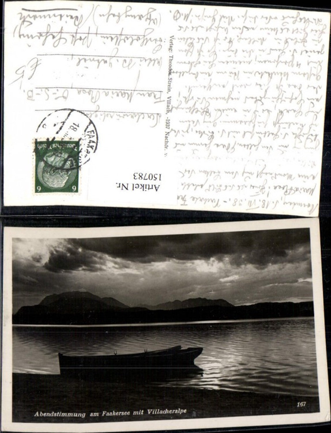 150783,Faakersee Abendstimmung m. Villacheralpe Faak a. See Ansicht Boot 1938
