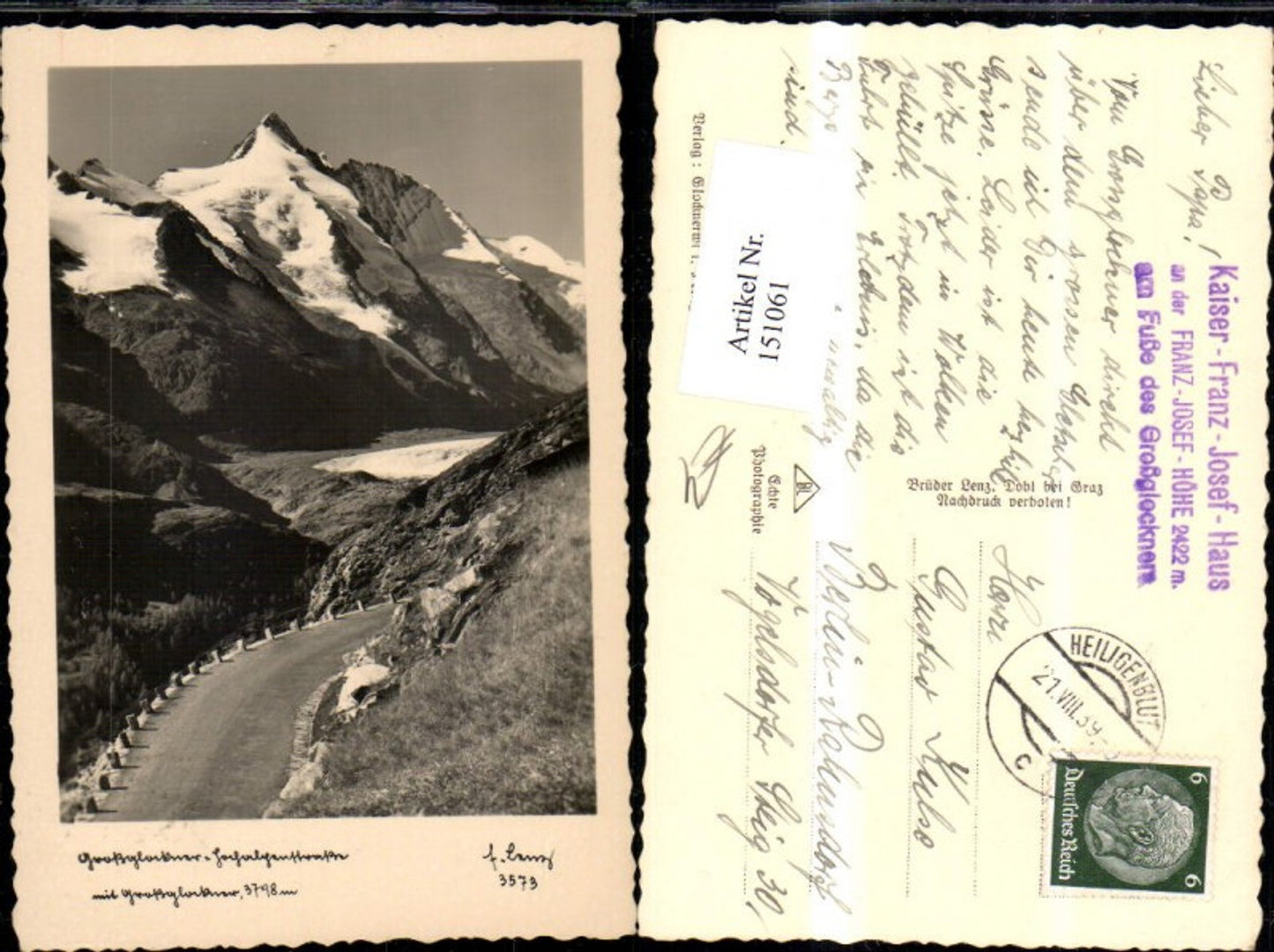 151061,Großglockner Hochalpenstrasse m. Glockner Heiligenblut Strassenansicht 1939