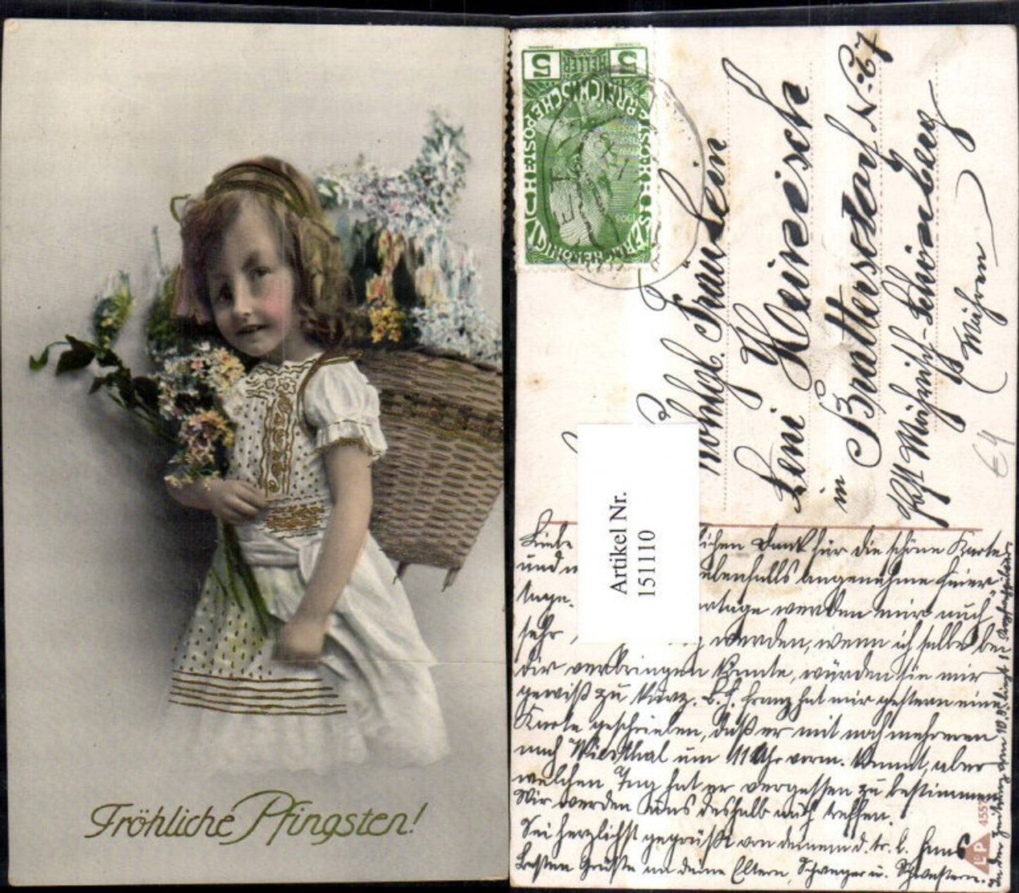 151110, Pentecost Glitter AK Girl with bouquet of flowers, wicker basket on back, flowers