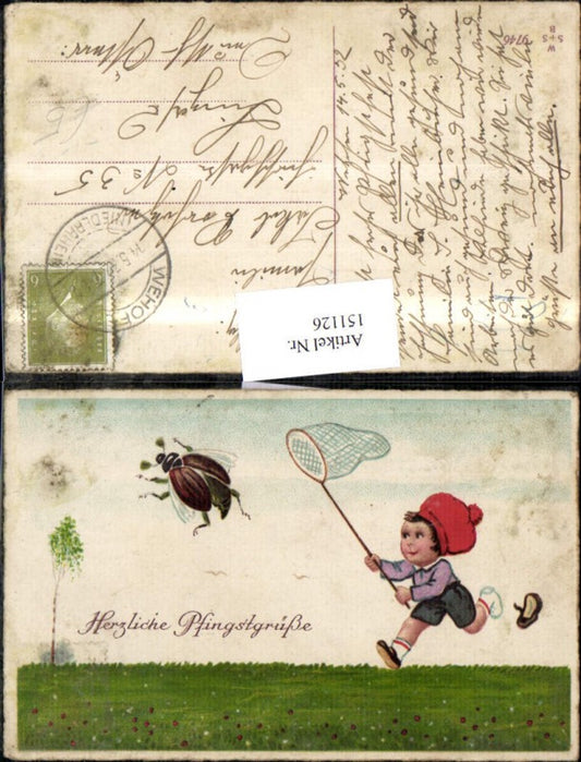 151126, Pentecost boy catching June beetle beetle net flower meadow 1932