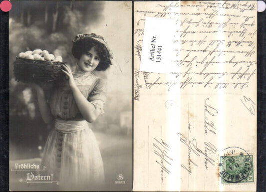 151441, Easter photo, woman with wicker basket and eggs, Easter eggs