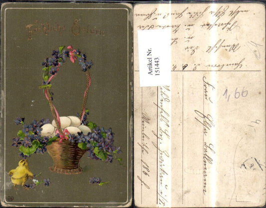 151443, Easter embossed postcard basket with Easter eggs, eggs, chicks, flowers, gold decoration