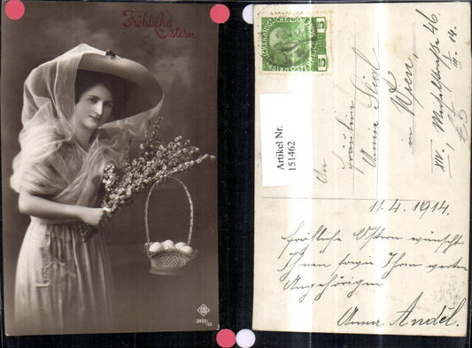 151462, Easter Photo Ak Woman with hat and veil with palm kitten bouquet and egg basket eggs palm catkins