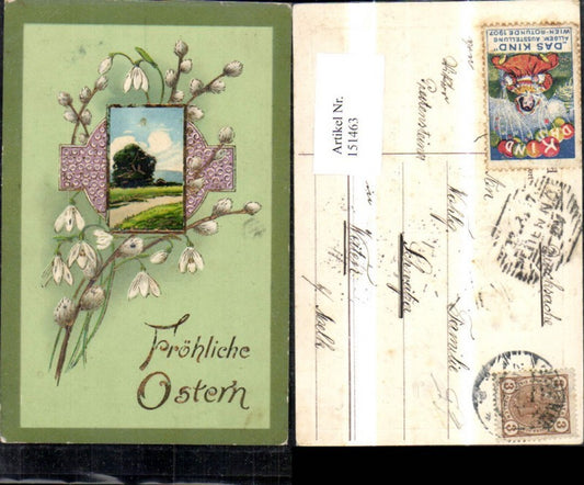 151463, Easter embossed postcard, landscape in frame with pussy willows and snowdrops, gold decoration