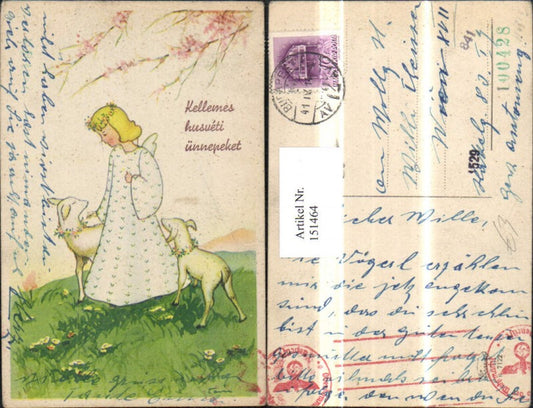 151464, Easter girl with flower wreath in her hair and lambs on a flower meadow, flowering branch