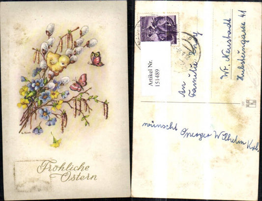 151489, Easter chicks on pussy willow branch, twig, flowers, butterflies, glitter lettering
