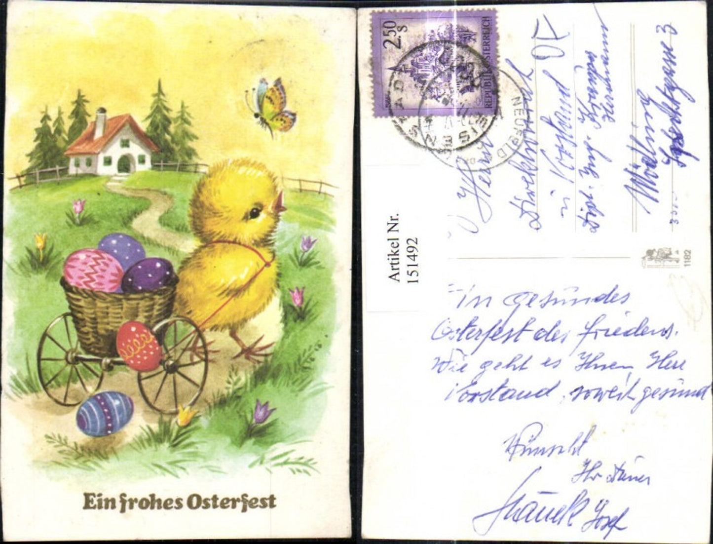 151492,Ostern Küken zieht Kutsche m. Ostereier Eier Schmetterling Haus Wiese