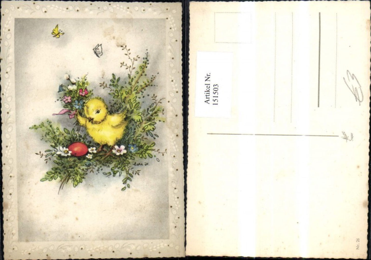 151503,Ostern Küken m. Blumenstrauß Osterei Ei Blumen Schmetterling