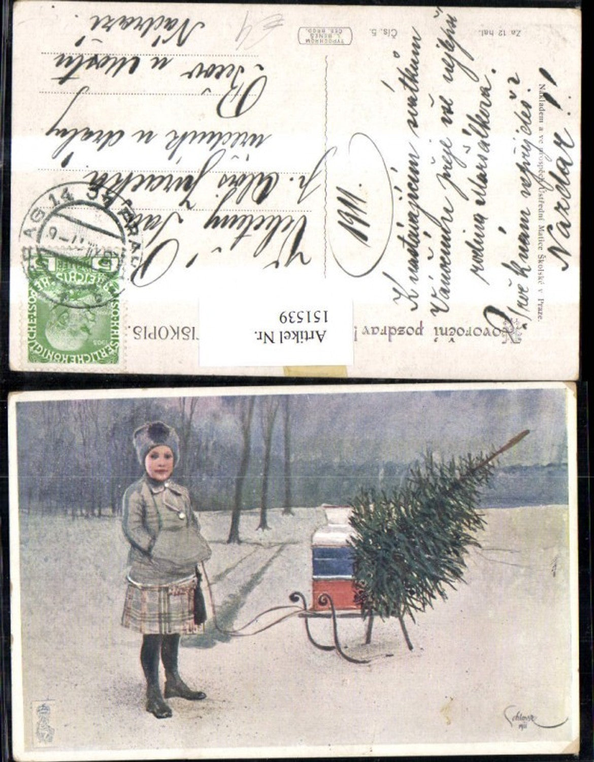 151539, Christmas Child Sled with Christmas Tree Fir Barrel