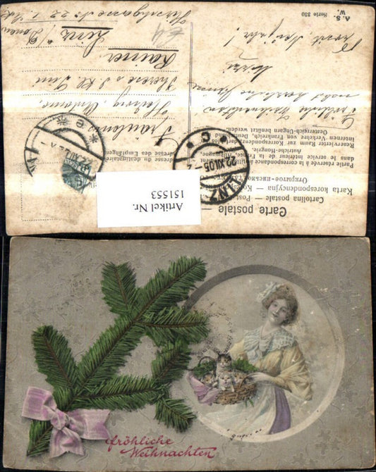151553, Christmas woman with basket, kitten, fir branch, bow