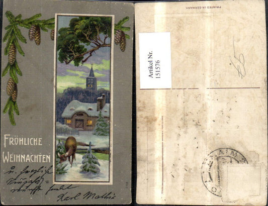 151576, Christmas stamp, winter landscape, church, deer in frame with fir branches and cones