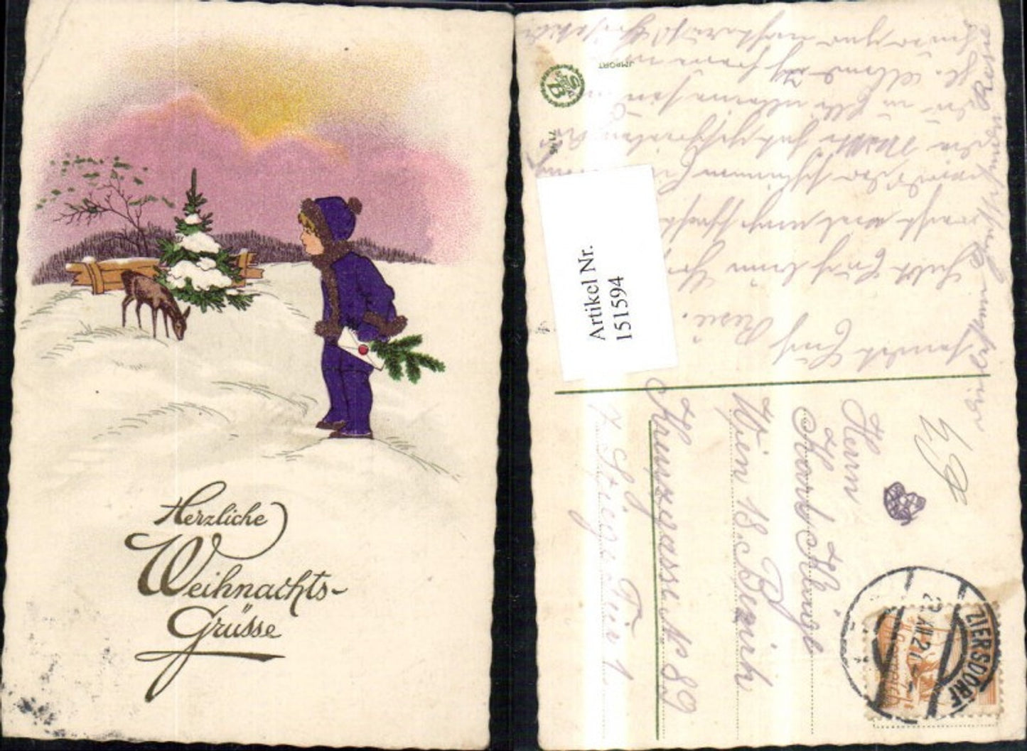 151594, Christmas Winter Landscape Deer Child with Letter Fir Branch Glitter Writing