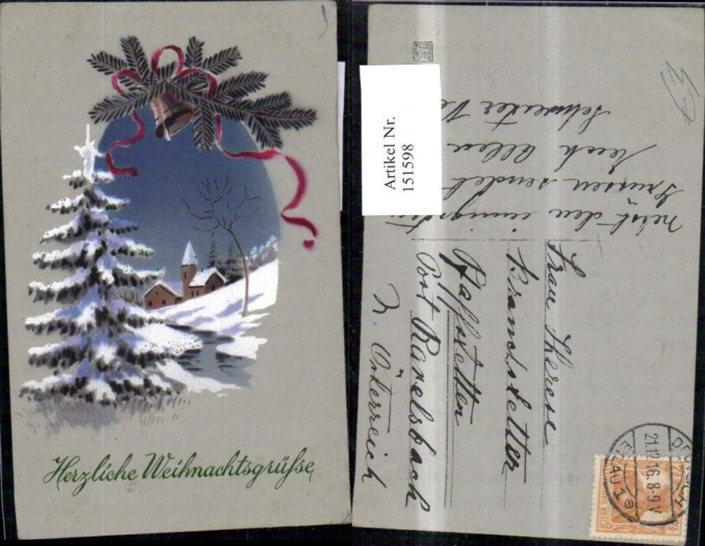 151598, Christmas Winter Village in frame with fir branch, bell, ribbon