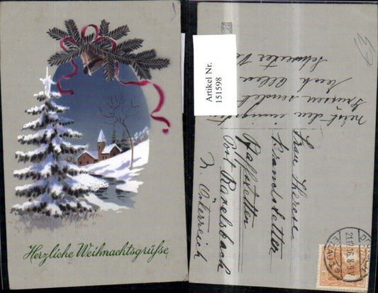 151598, Christmas Winter Village in frame with fir branch, bell, ribbon