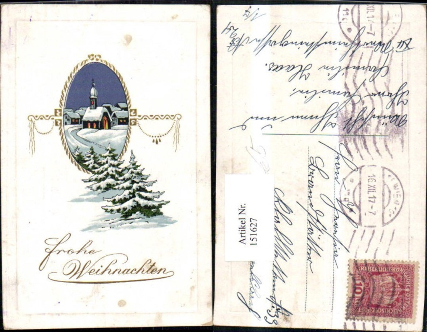 151627, Christmas Winter Village Church in a frame with fir trees and gold decoration